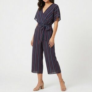 SIENNA SKY Striped Surplice Tie-Waist Jumpsuit Nautical Coastal Boho Blue Red S